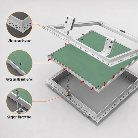 Access panel construction diagram showing aluminium frame, gypsum board panel and support hardware