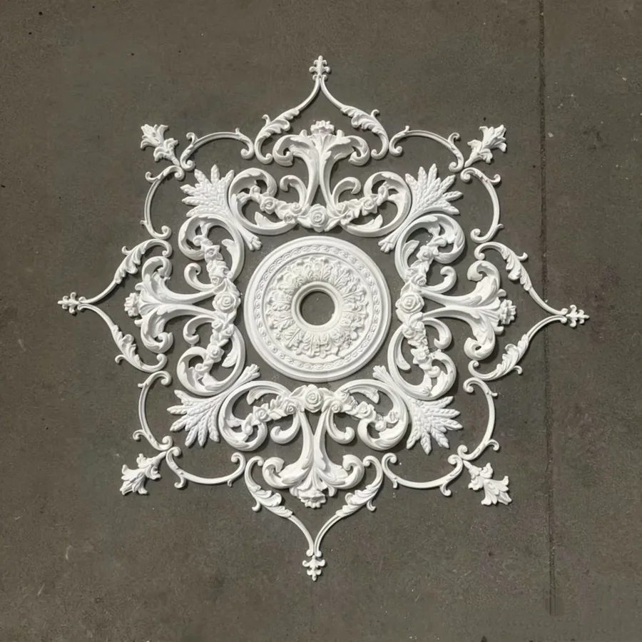 Hand-carved gypsum ceiling medallion with acanthus leaf relief, manufactured by Qideyi